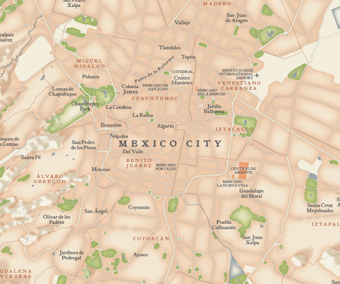 Ilustração de um mapa da cidade do México por Mike Hall