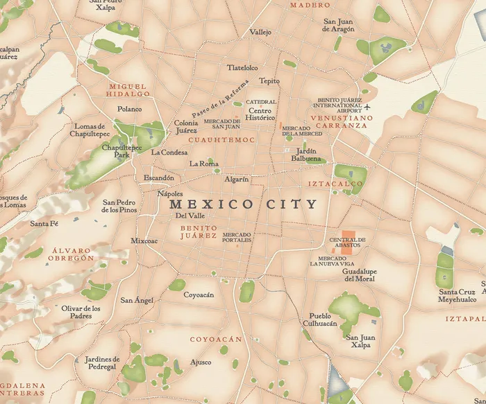 Ilustração de um mapa da cidade do México por Mike Hall