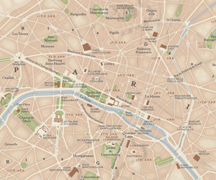 Ilustração de um mapa de Paris para um livro