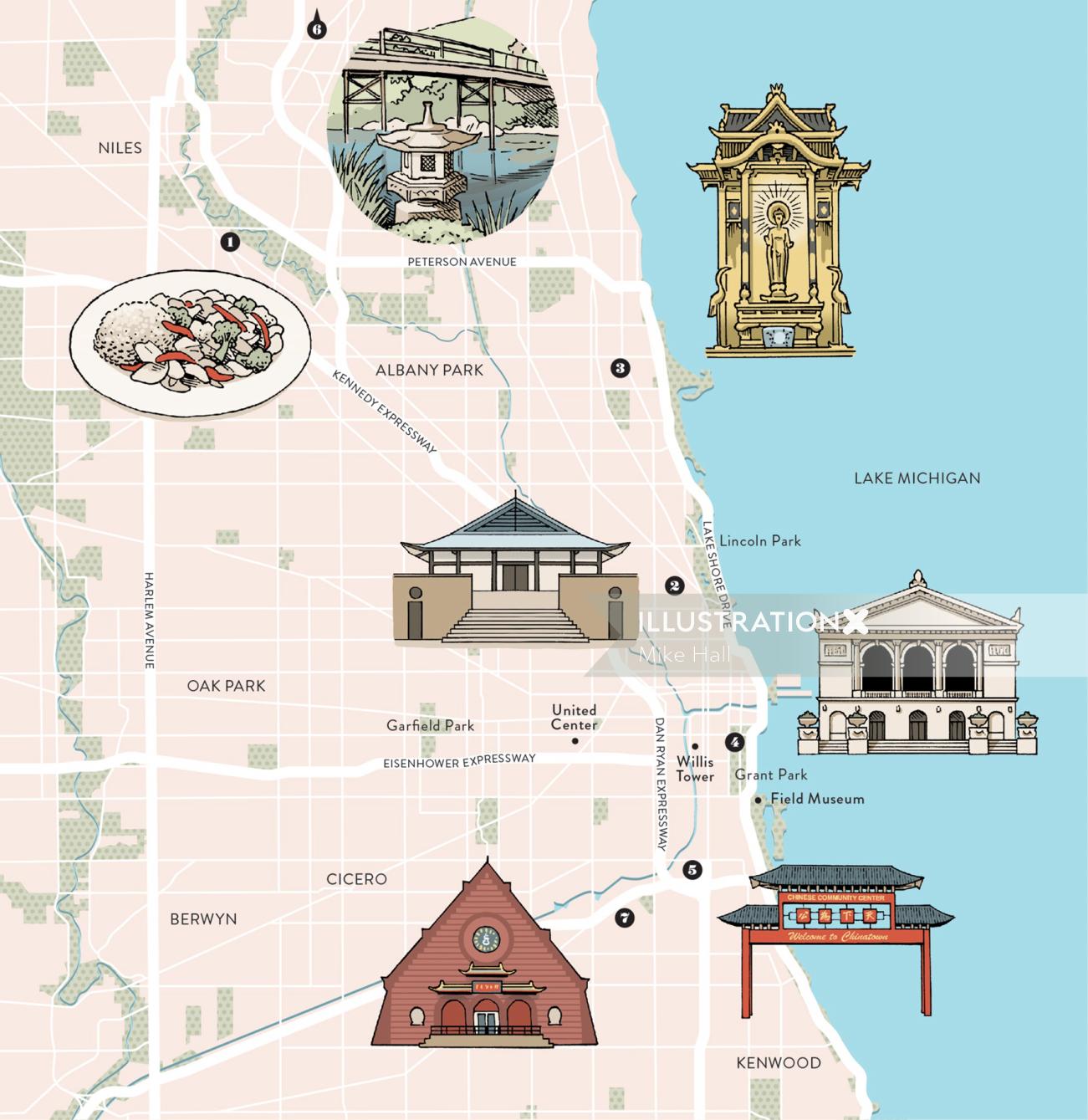 シカゴの仏教旅行者の地図デザイン
