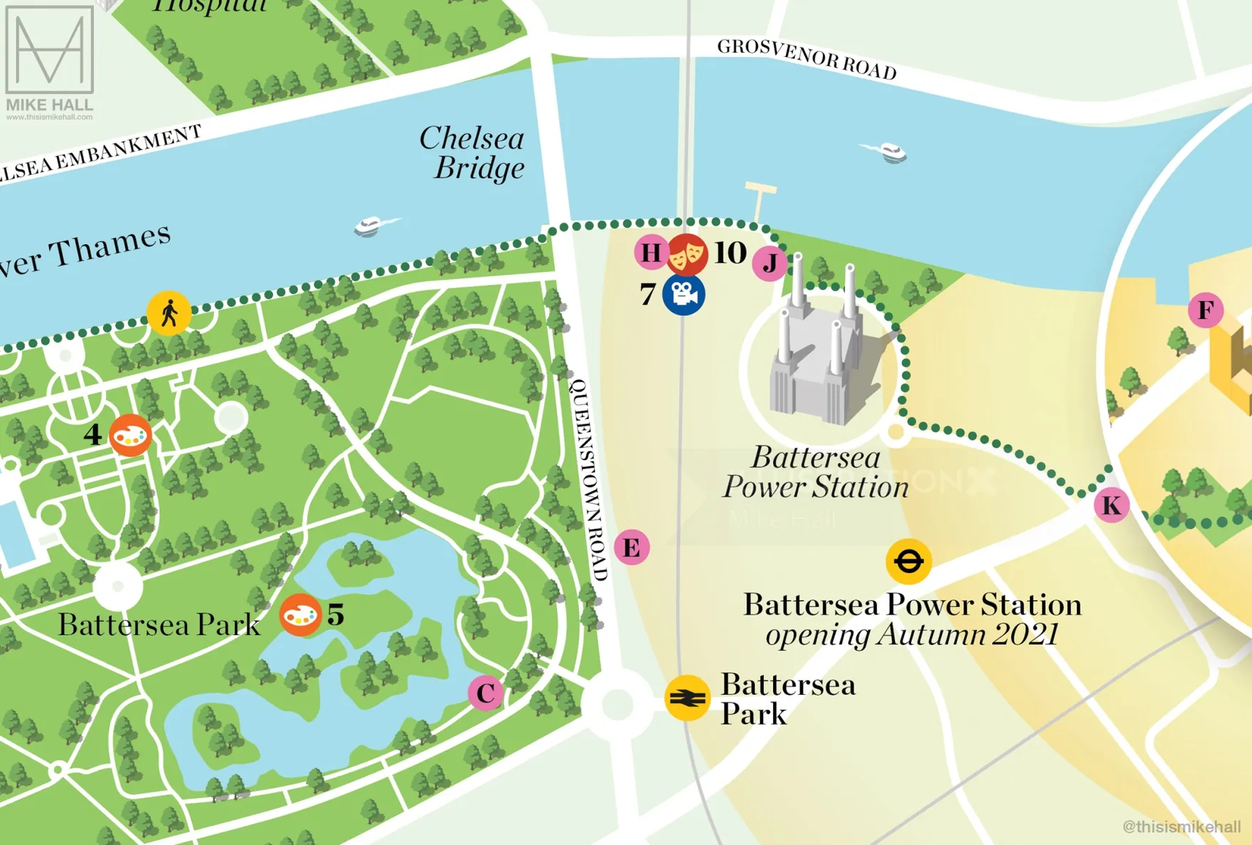 Detailed illustrated map of Battersea area in London