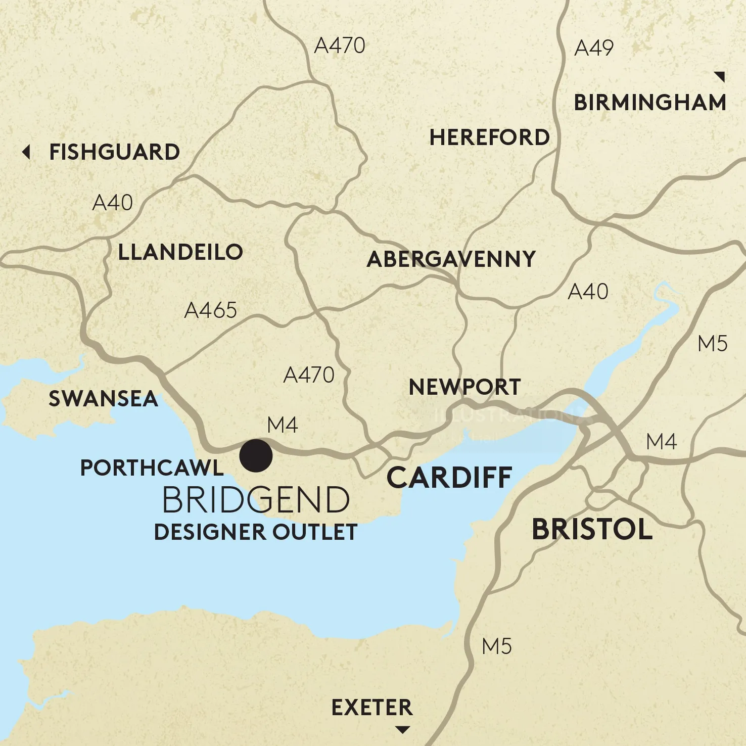 UK regional map highlighting Bridgend Designer Outlet