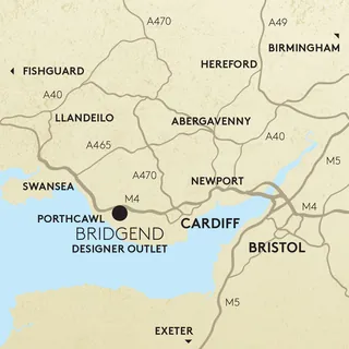 UK regional map highlighting Bridgend Designer Outlet