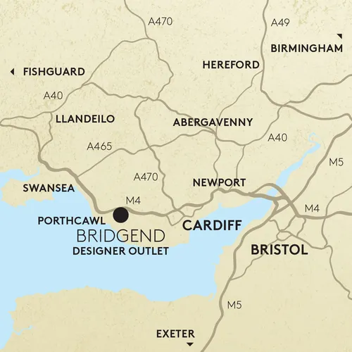 UK regional map highlighting Bridgend Designer Outlet