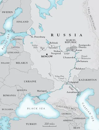 Map of Russia showing major cities, waterways, and regions