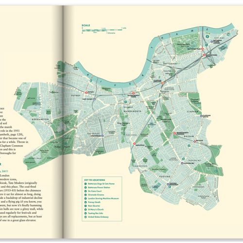 Open book showing vintage map and text about Wandsworth area