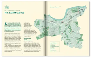Open book showing vintage map and text about Wandsworth area