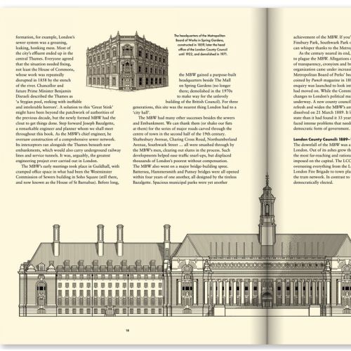 Architectural blueprint and historical details of a large institutional building.