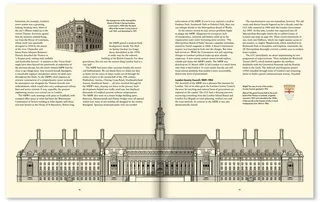 Architectural blueprint and historical details of a large institutional building.