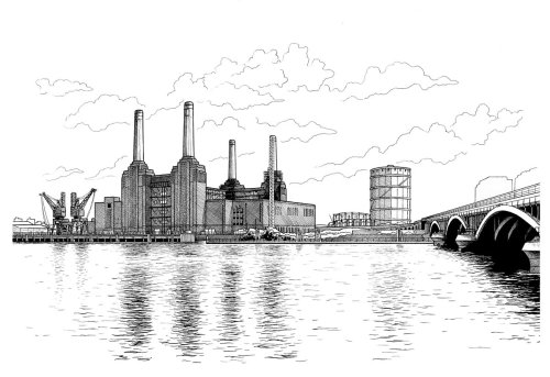 Esboço em preto e branco da central elétrica de Battersea