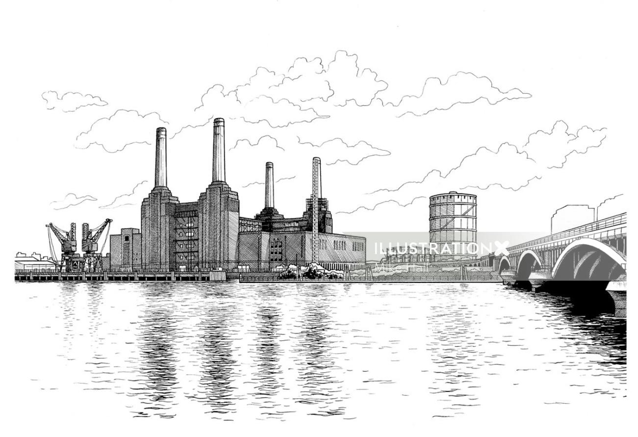 Boceto en blanco y negro de la central eléctrica de Battersea