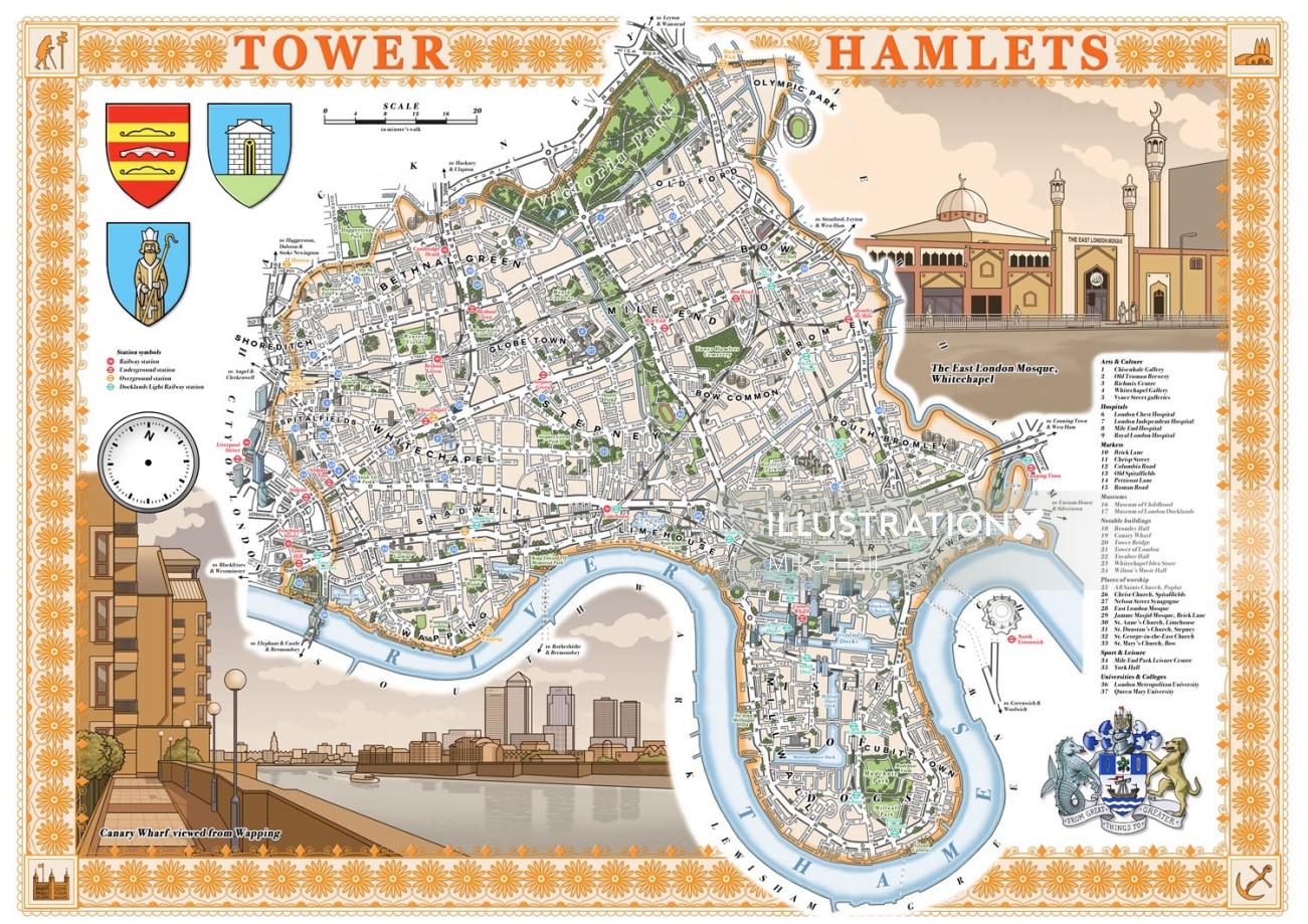 タワーハムレッツ、ロンドンのイラスト入り地図
