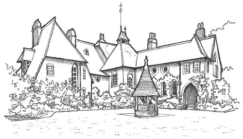 Illustration noir et blanc de la maison rouge