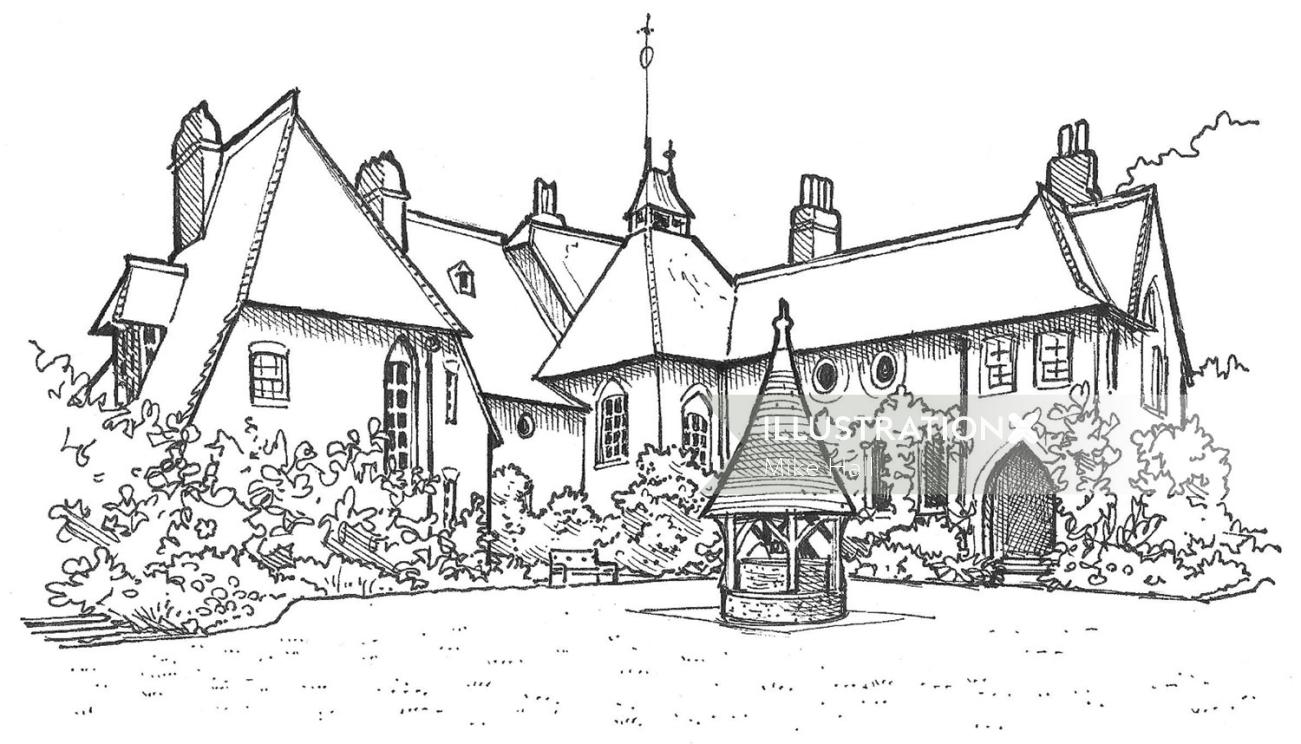 Ilustración en blanco y negro de la casa roja