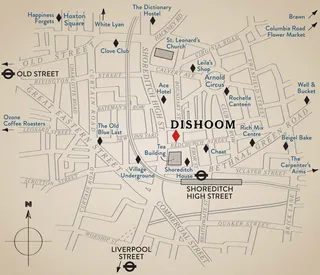 Desenho de linha do mapa de localização de Dishoom