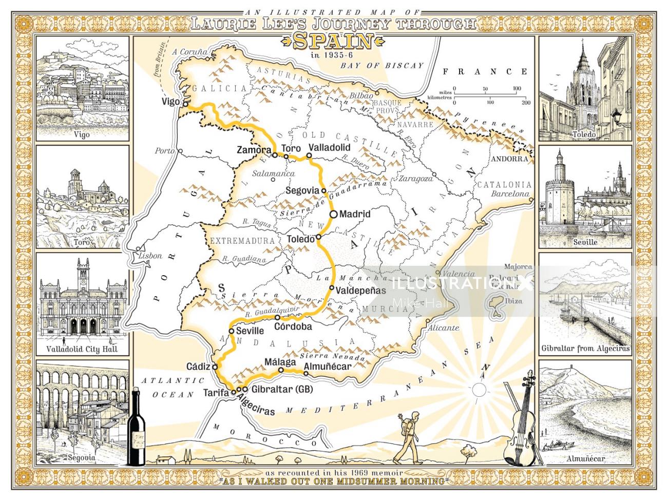 ローリー・リーの旅の地図を手描き