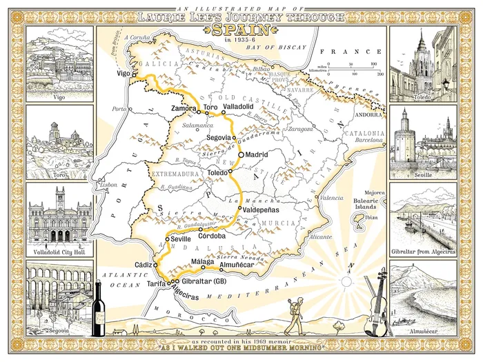 Desenho à mão do mapa da jornada de Laurie Lee