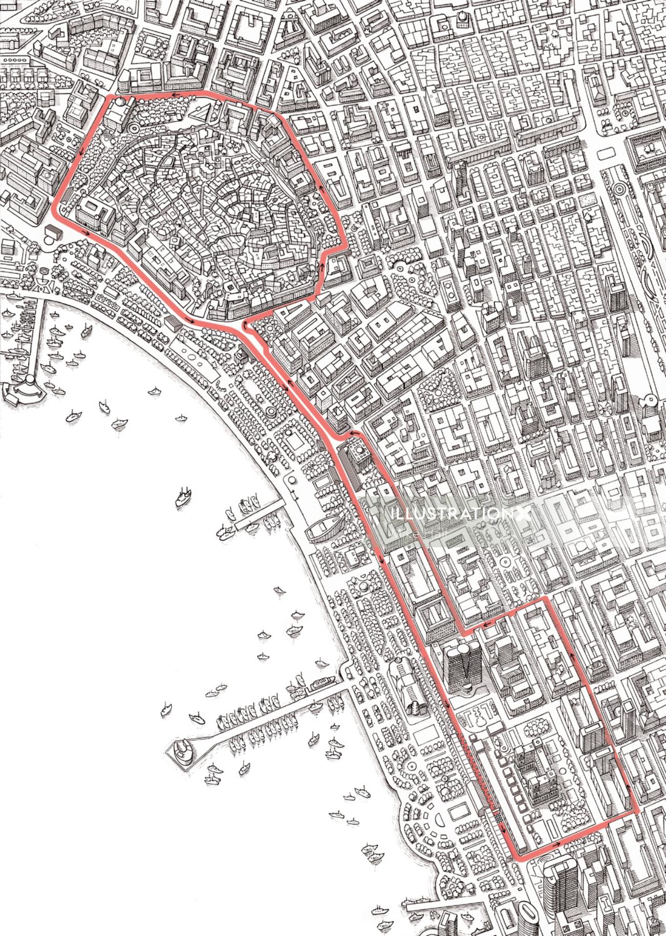 Diseño de mapa de circuito en blanco y negro de la calle Baku F1
