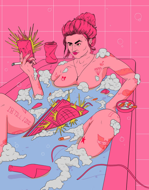 Illustration of teenage girl in bathtub