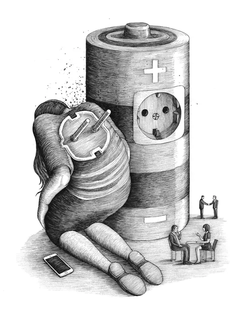 Person with battery socket in back drained by social interactions by Miosis