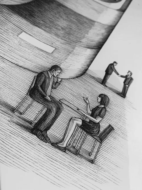 Two people sitting and talking with two others shaking hands in background by Miosis
