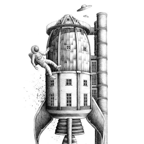 Surreal museum scene with astronaut and rocket concept