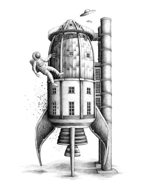 Surreal museum scene with astronaut and rocket concept