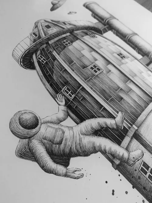 Black and white drawing of astronaut floating near a detailed rocket by Miosis