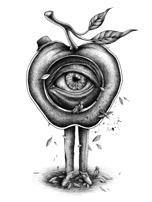 Surreal apple with a human eye and legs by Miosis