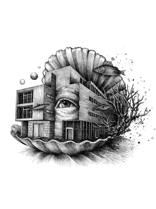 Surreal drawing of a building with an eye inside a shell by Miosis