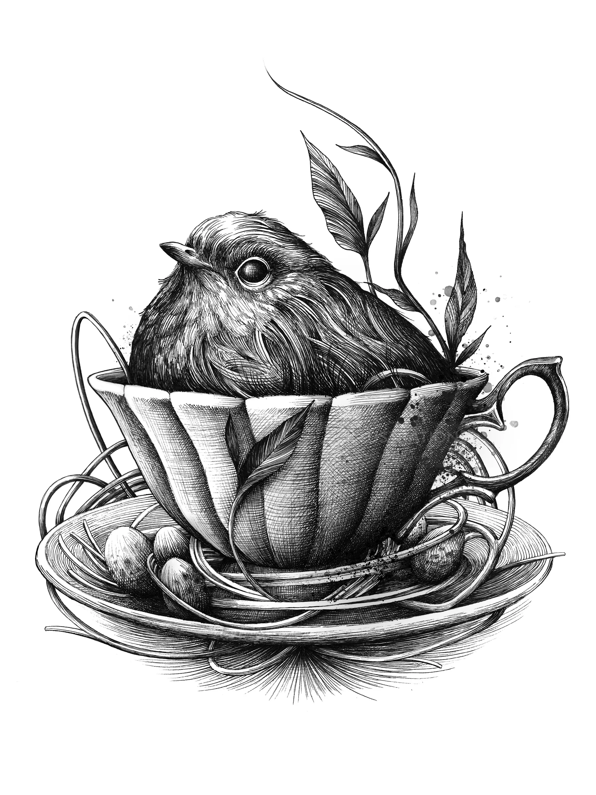 Detaillierte Schwarz-Weiß-Zeichnung eines Vogels in einer Teetasse von Miosis