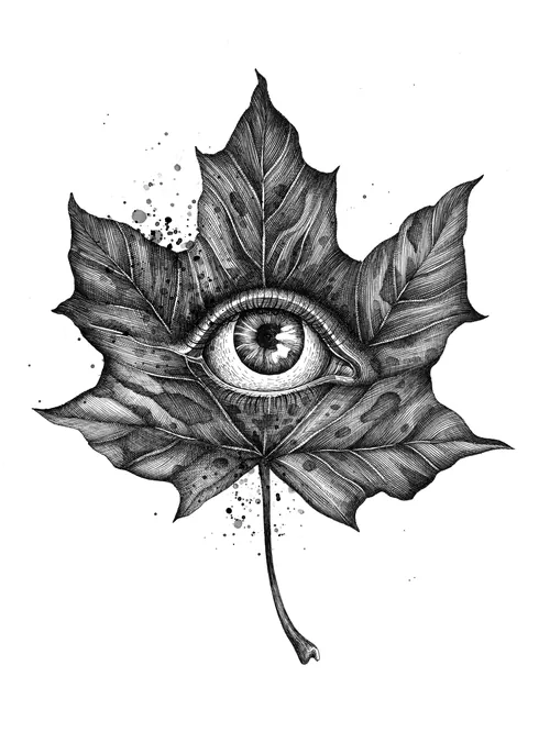 Black and white drawing of a leaf with a realistic human eye in the center by Miosis