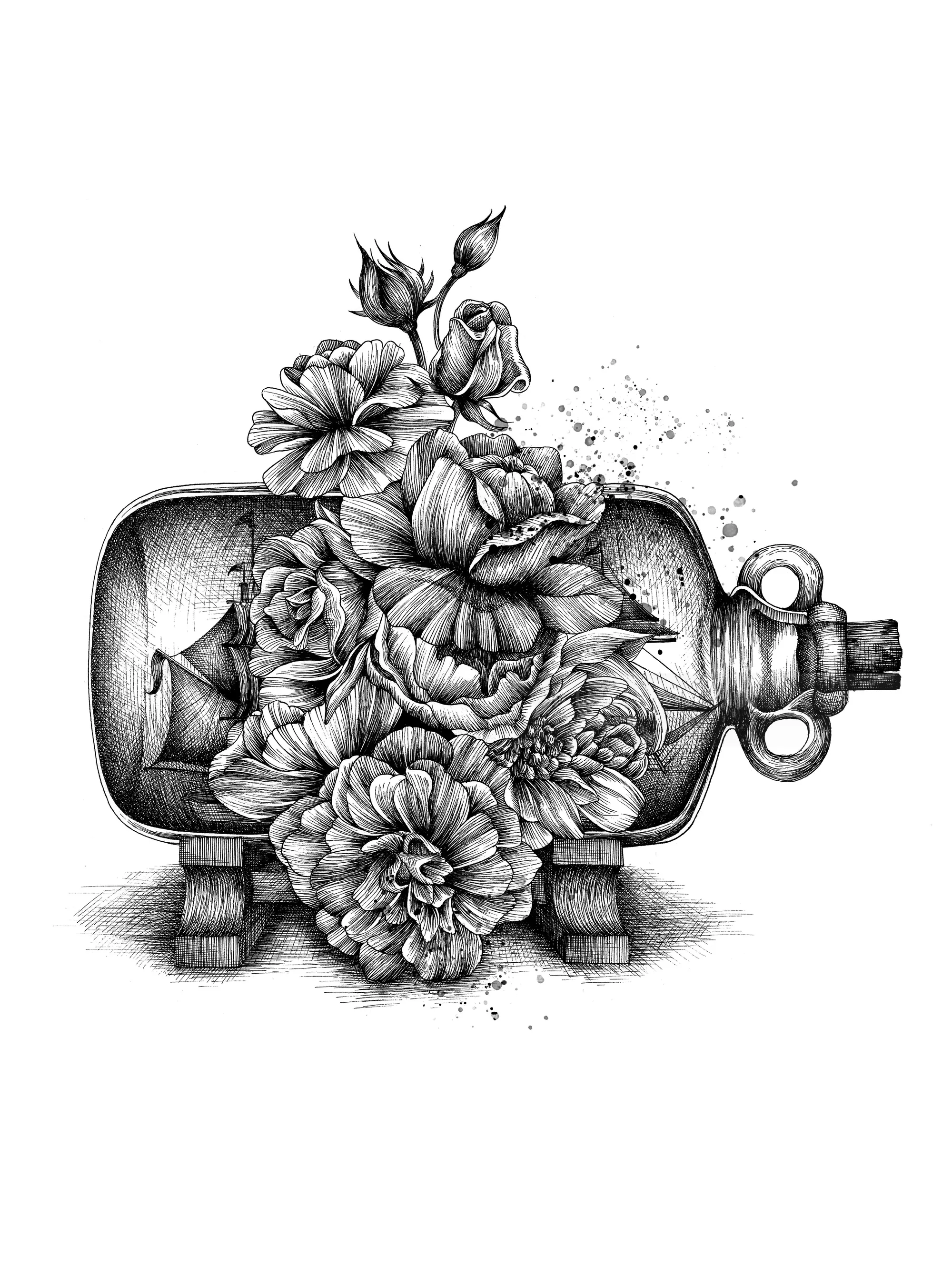 Schwarz-weiße Flasche mit blühenden Blumen von Miosis