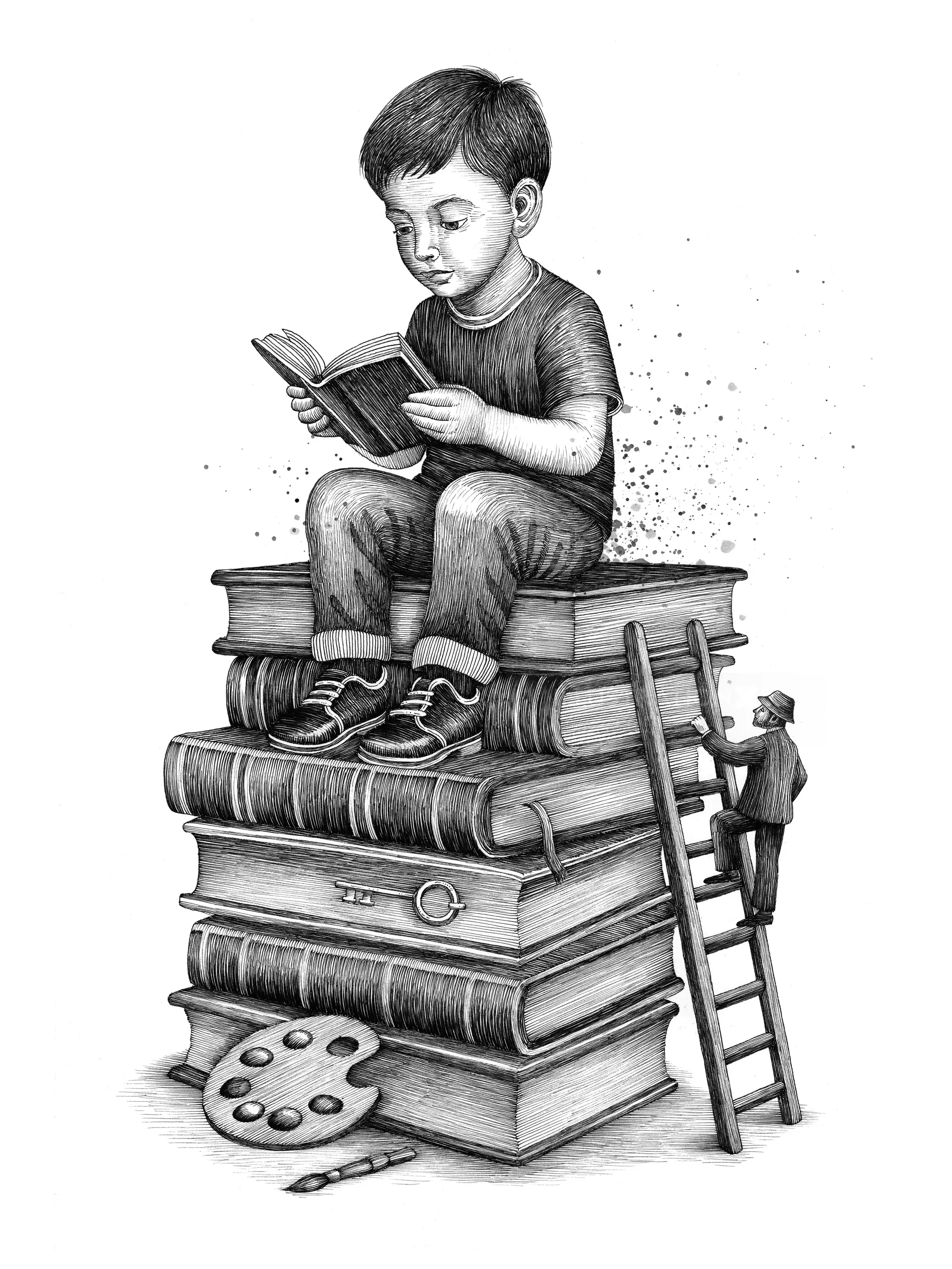 Junge liest ein Buch, während er auf einem Bücherstapel sitzt (von Miosis)