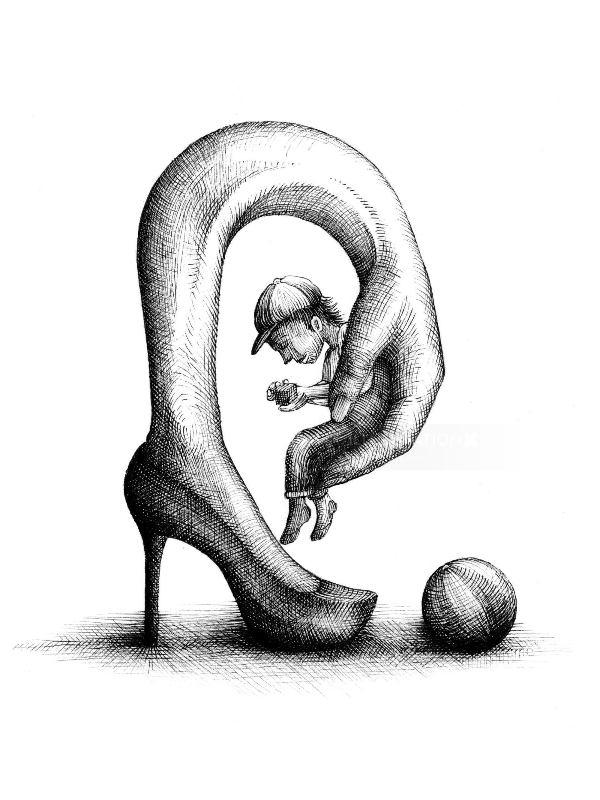 Surreale Zeichnung einer großen Hand, die einen kleinen Jungen neben einem hochhackigen Schuh hält, von Miosis