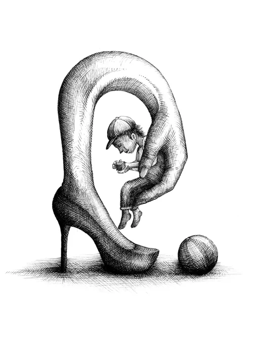 Surreal drawing of a large hand holding a small boy near a high heel shoe by Miosis