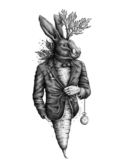 Detailed drawing of a rabbit with carrot body holding a pocket watch by Miosis