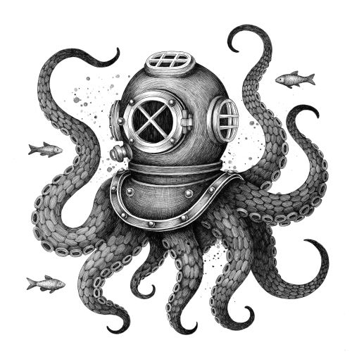 Marine life artwork with diving octopus concept