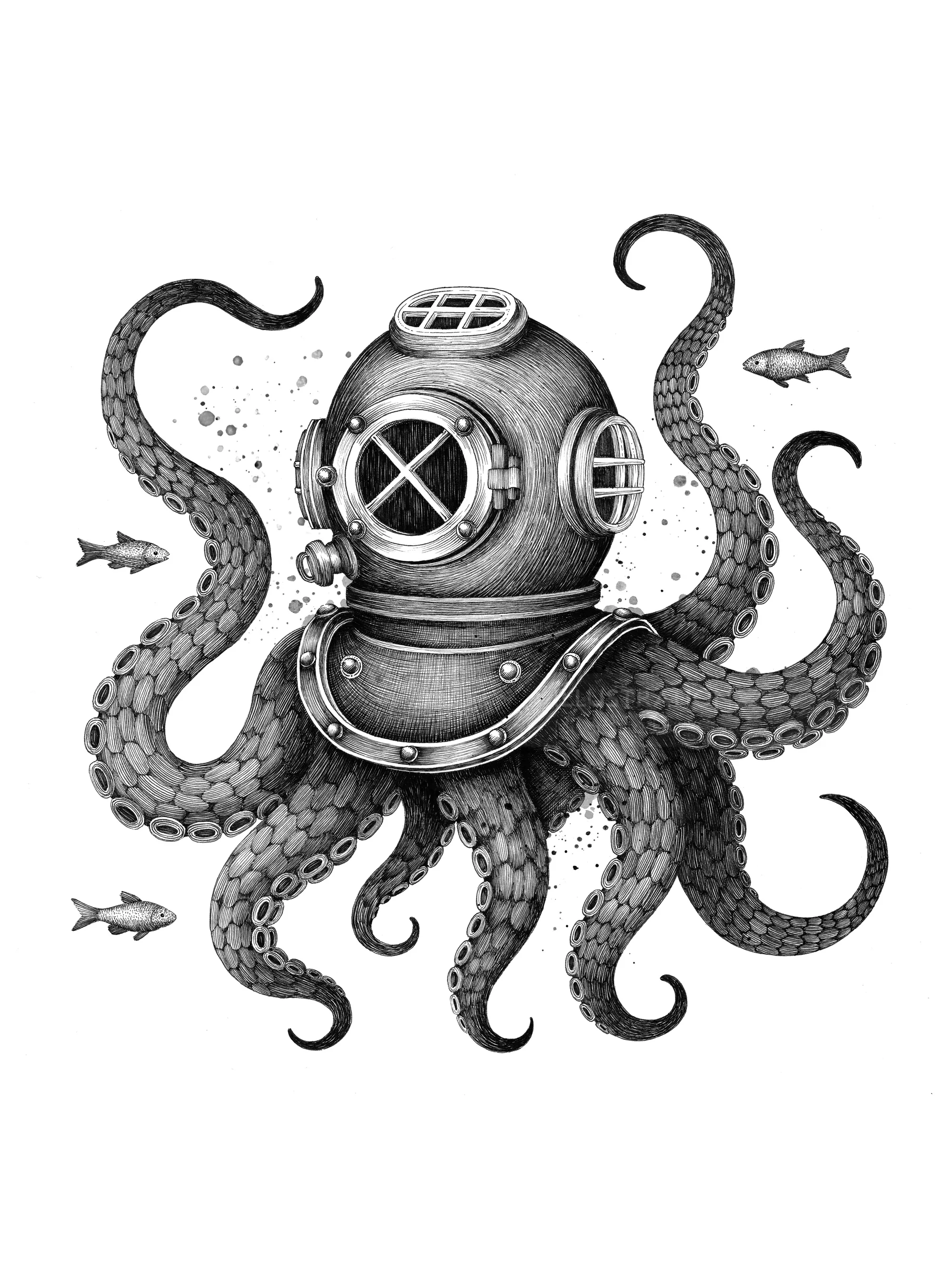 Kunstwerk mit Meeresmotiv und tauchendem Oktopus