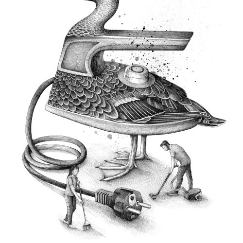 Depiction of workers interacting with machine like duck