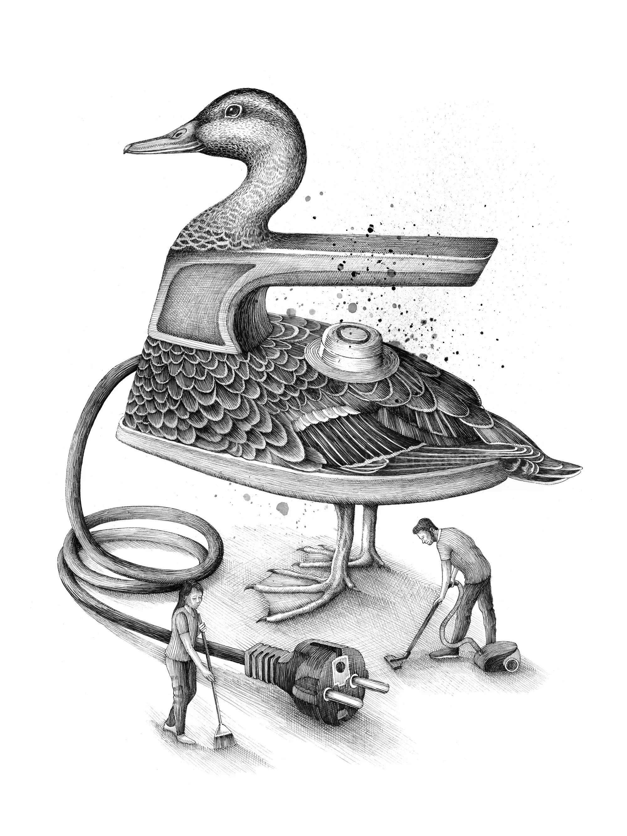 アヒルのような機械とやり取りする労働者の描写