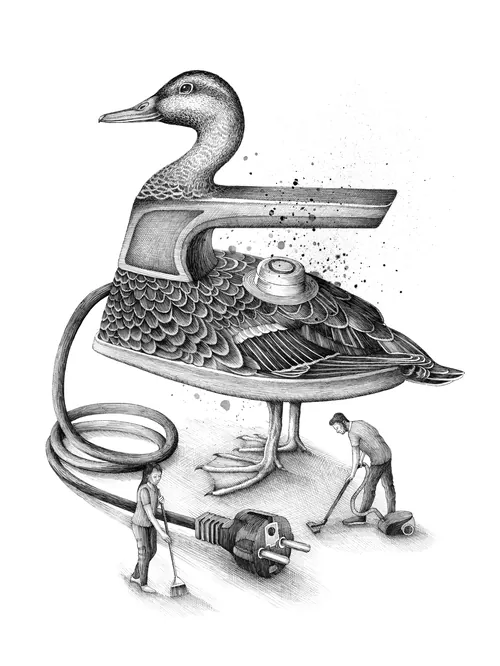 Depiction of workers interacting with machine like duck
