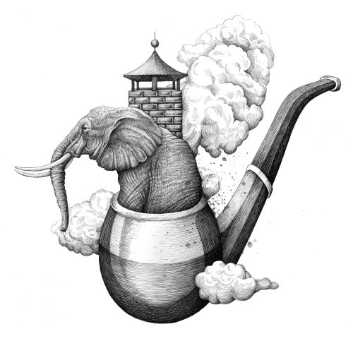 Fantasy illustration with elephant rising from pipe smoke