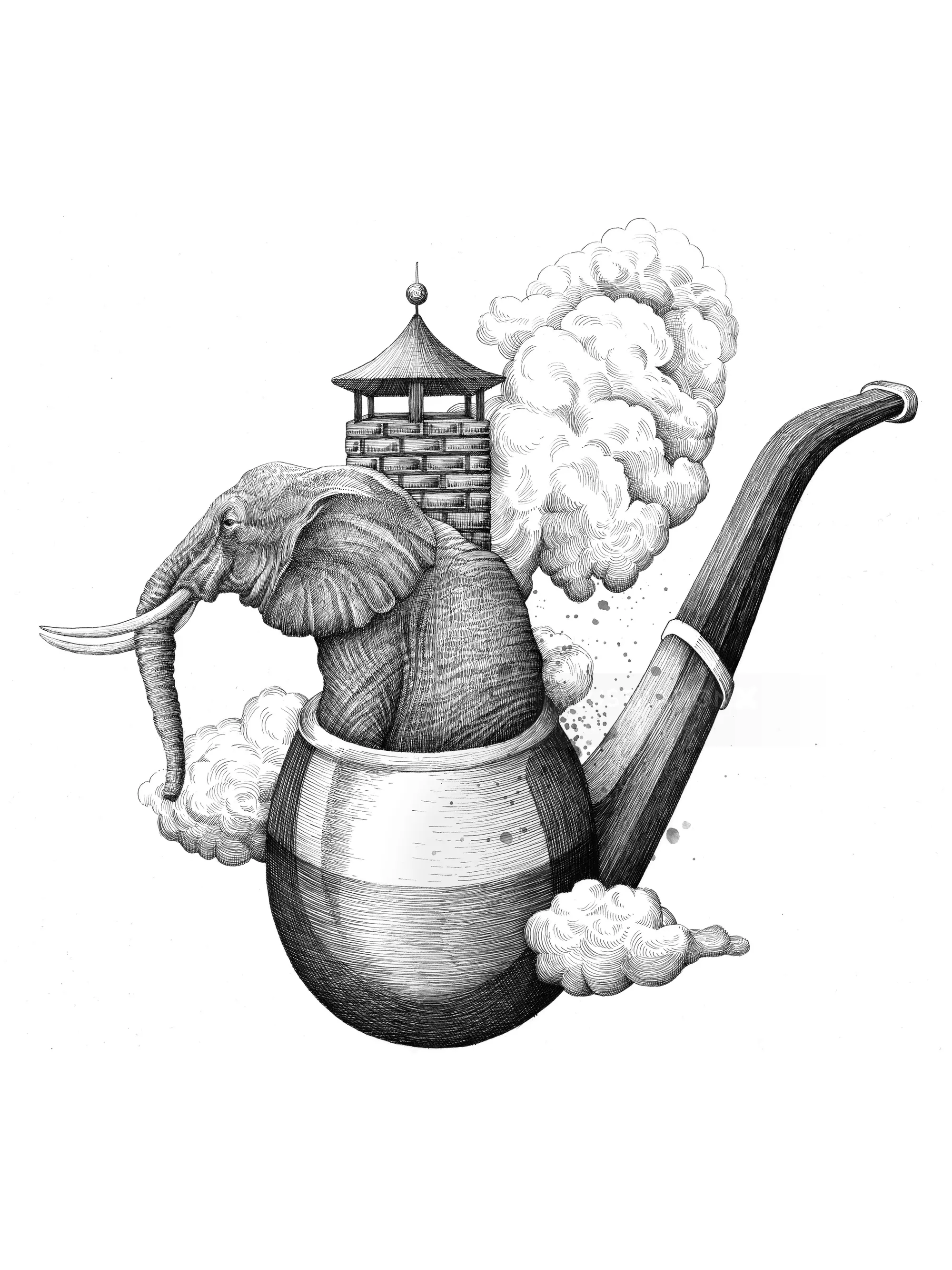 Fantasieillustration mit einem Elefanten, der aus Pfeifenrauch aufsteigt
