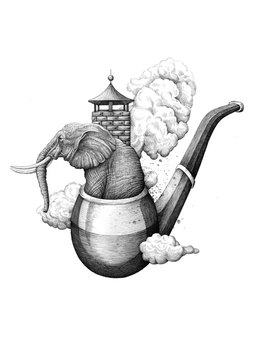 Fantasy illustration with elephant rising from pipe smoke