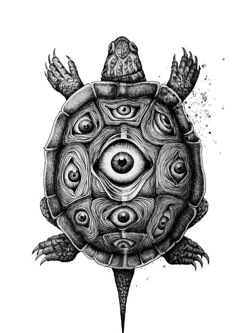 Black and white surreal turtle with multiple eyes on its shell by Miosis