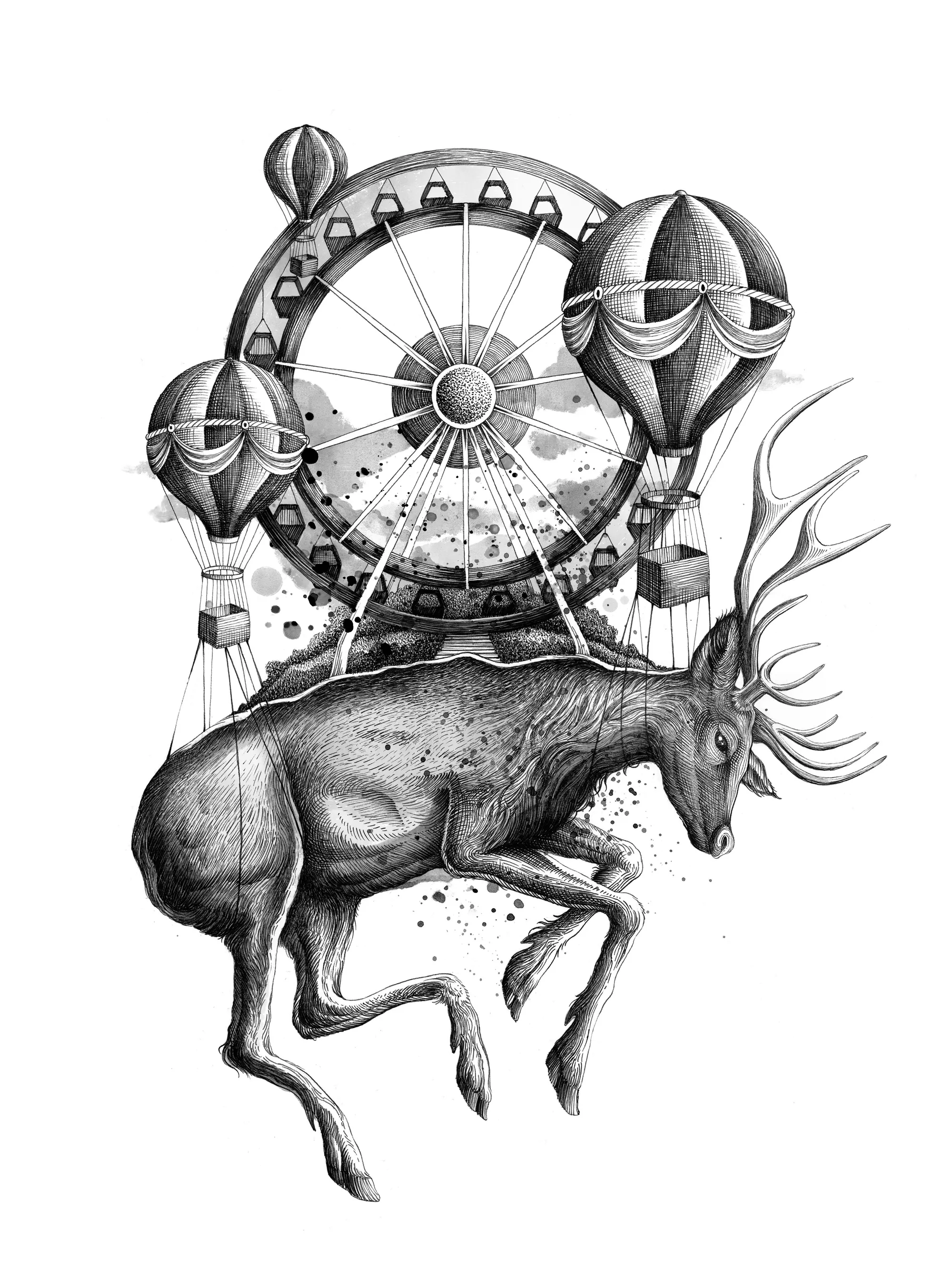 Surreal drawing of a deer with a ferris wheel and hot air balloons by Miosis
