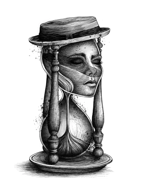 Surreal hourglass blending a woman's face and sand by Miosis