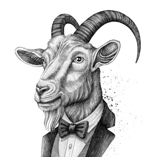 Anthropomorphic goat wearing tuxedo and bow tie by Miosis