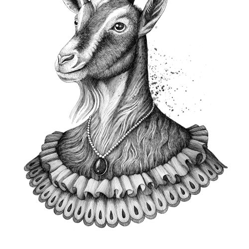 Detailed black and white portrait of a goat with human-like features by Miosis